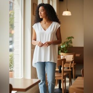 Rachel Roy 1X Ivory Flowy Blouse V Neck High Low Hem Minimalist Capsule Top Plus